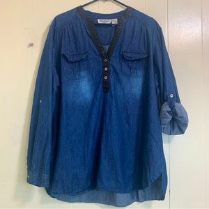 New Direction Shirt Top Cotton Chambray Long Sleeve Pullover Blouse Top Size 2X.